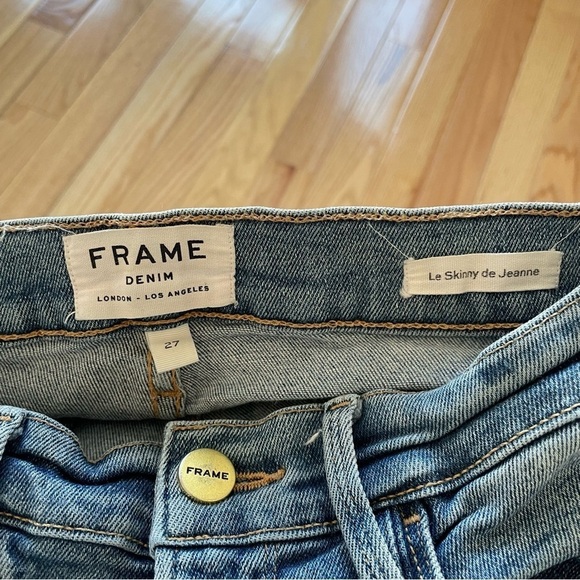 Frame Le Skinny De Jeanne Fray Hem Stiletto Dupont Blue Mid Rise Jeans Size 27 - Picture 9 of 12